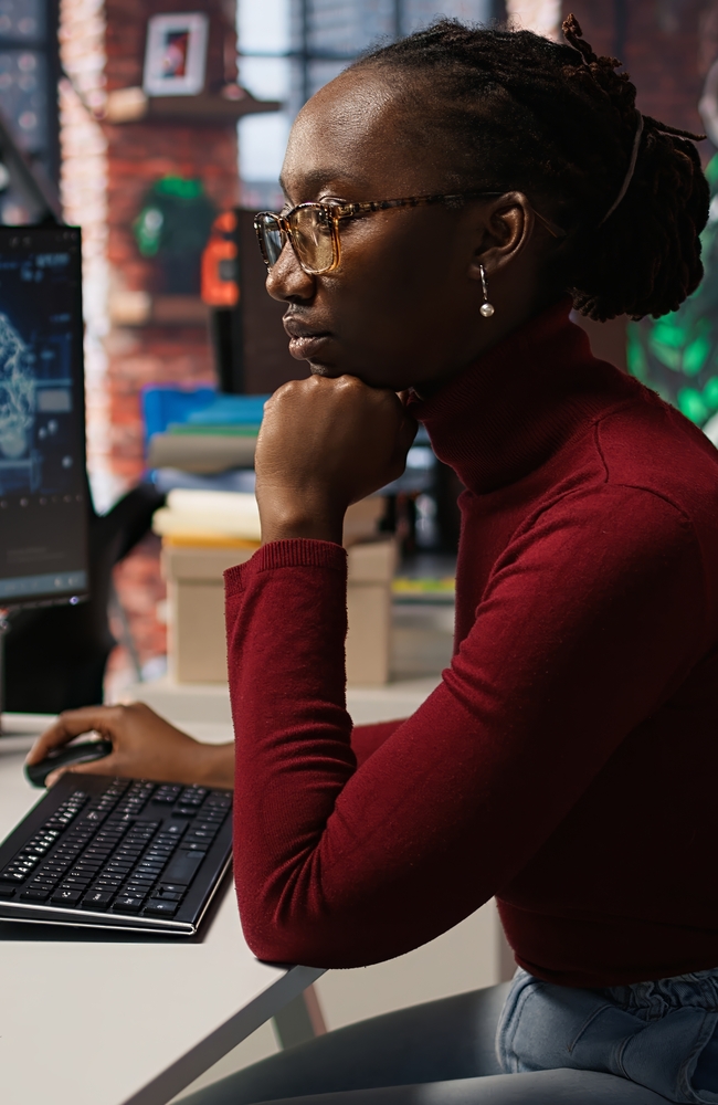 Programmer coding artificial intelligence algorithm in startup, refining machine learning models to enhance automation and data driven decision making. Woman using coding platform in office, camera A